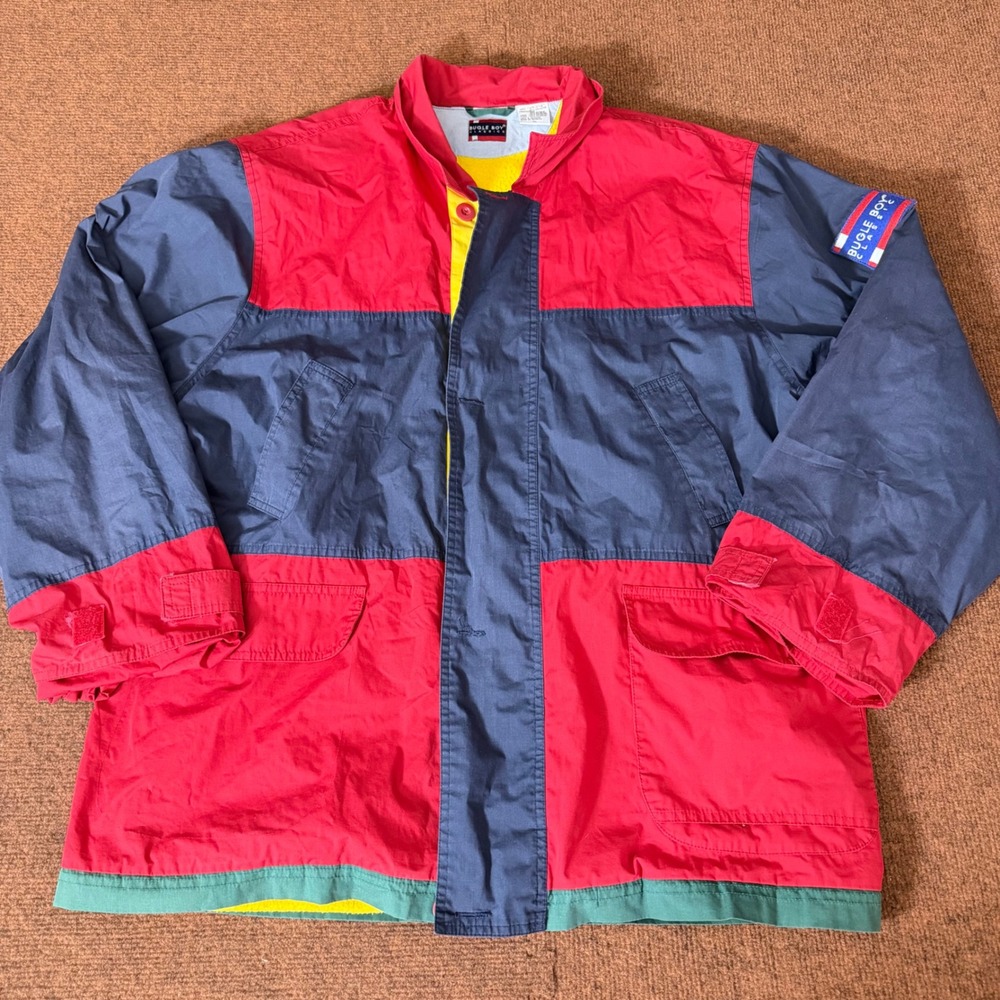 Vintage Bugle Boy Classics Colorblock Jacket Mens XL Red Navy Yellow Fleece Line